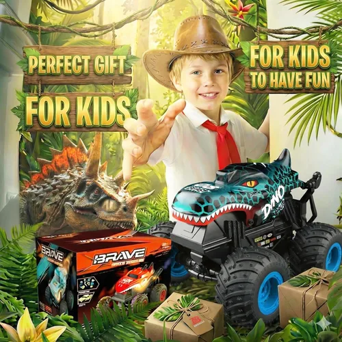 Miniatura 7 de BEZGAR Monster Truck Toys - Camión monstruo de control remoto con luz y música, juguetes de dinosaurios para niños, camión RC a escala 1:20 con Azul