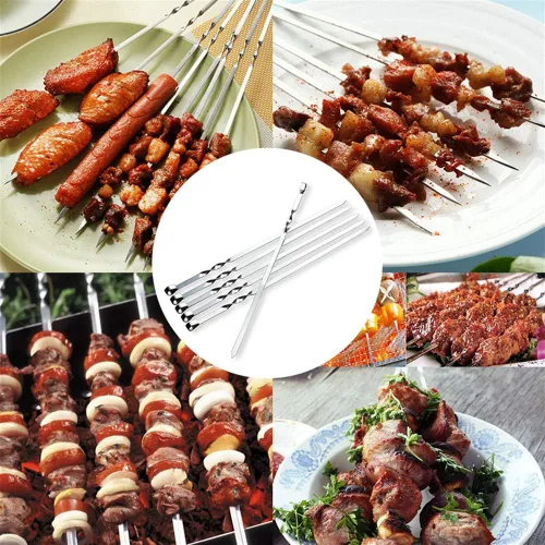 Miniatura 4 de Juego de 12 brochetas de metal plano para barbacoa de 14 pulgadas de largo, de acero inoxidable, para carne, camarones, pollo, verduras, 12