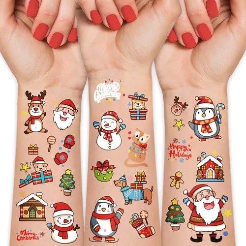 36 hojas de tatuajes temporales de Navidad, muñeco de nieve, pingüino, alce, Papá Noel, tatuajes para rellenar calcetines de Navidad y regalos de