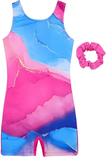 JESKIDS Leotardos para niñas de gimnasia con pantalones cortos de baile, mallas ciclistas, bandas elásticas a juego para el cabello, de 3 a 11 años