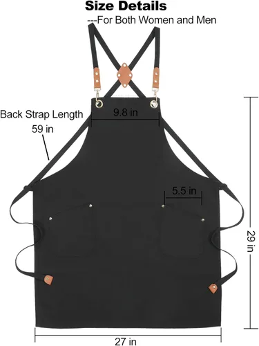 Miniatura 7 de Delantales negros con espalda cruzada para mujeres y hombres, correas largas ajustables, bolsillos grandes, delantal impermeable de lona