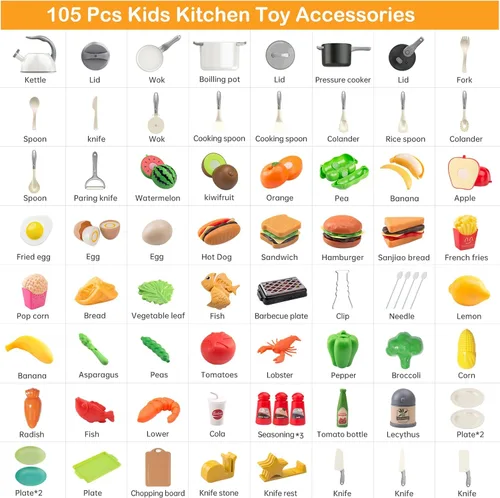 Miniatura 2 de 105 piezas de accesorios de juguete de cocina para niños, juego de cocina de camping y barbacoa para niños pequeños, juego de ollas, sartenes, Blanco