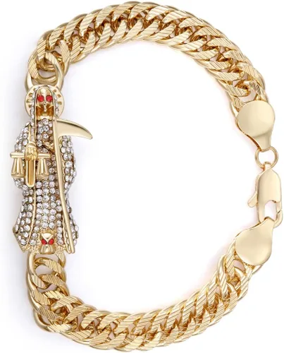 Pulsera Santa Muerte Diamante Chapado en Oro 24K Santa Muerte Colgante Joyería con hoz Regalo de vacaciones (Oro), Acero inoxidable, brazanita