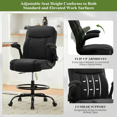 Miniatura 7 de Silla de dibujo alta para escritorio de pie, silla de escritorio alta ergonómica con anillo de pie ajustable, reposabrazos abatibles, soporte Negro