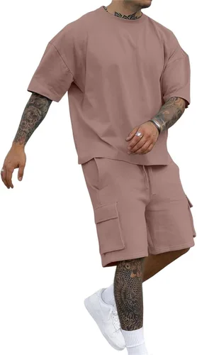 Conjunto corto de 2 piezas para hombre, conjunto casual de verano de manga corta para hombre, con bolsillo tipo cargo