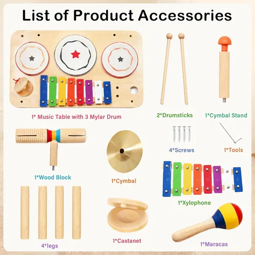 Miniatura 9 de WINGYZ Juego de batería para bebé, instrumentos musicales de madera 9 en 1 para niños pequeños de 1 a 3 años, juguetes de música Montessori