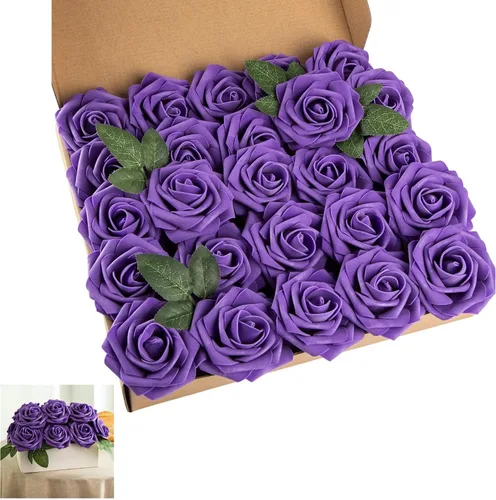 Miniatura 16 de Rosa artificial de espuma de 25 piezas de rosas falsas de aspecto real con tallos y hojas para decoración del hogar, fiestas, jardín, centros