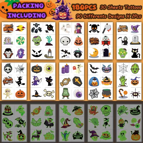 Miniatura 6 de 180 tatuajes de Halloween para niños, tatuajes temporales que brillan en la oscuridad para decoraciones de fiesta de Halloween, tatuajes temporales