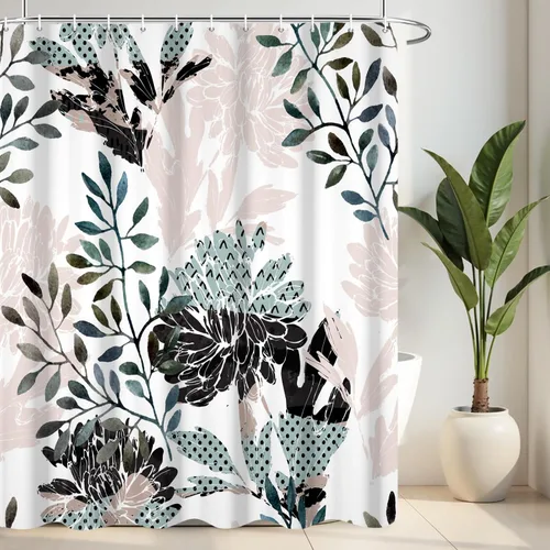 Miniatura 17 de Cortina de ducha en blanco y negro, divertido cabezal de ducha y gotas de agua, cortinas de ducha para baño, lavable a máquina, cortina de tela
