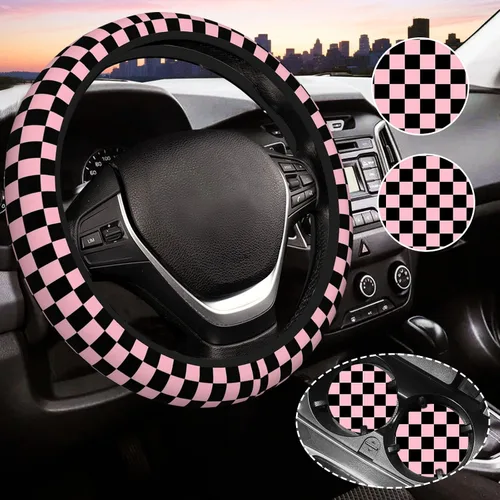 Miniatura 9 de Funda de volante a cuadros para mujeres, funda universal para volante de automóvil de 14-15 pulgadas, accesorios interiores para automóvil, con 2