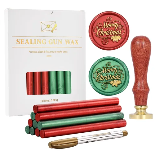 Miniatura 10 de Kit de Sellado de Cera Yoption, Sello de Cera de Navidad Feliz, 10 unidades de varillas de cera de sellado metálicas rojas y verdes con bolígrafo