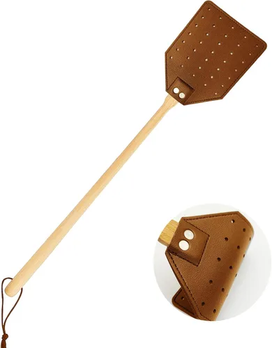 Miniatura 9 de Matamoscas de cuero resistente, matamoscas de mango largo con mango de madera de haya de 19.7 pulgadas de largo, matamoscas para interiores y Negro