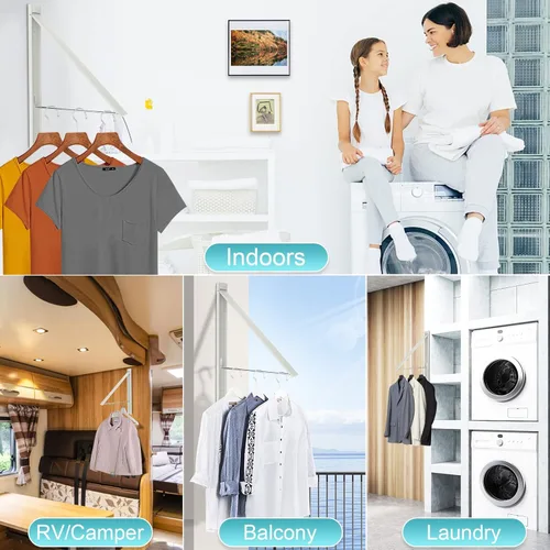 Miniatura 8 de Ithywat Estante de secado de ropa retráctil, ahorro de espacio, colgador plegable montado en la pared para lavandería, organización de Blanco
