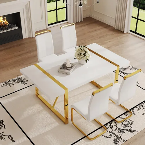 Miniatura 8 de Moderno juego de mesa de comedor para 4, juego de mesa de comedor dorado de 55 pulgadas con 4 sillas de piel sintética negra, mesa de madera negra