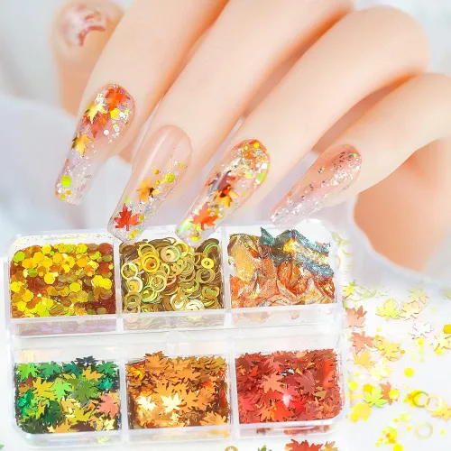 Miniatura 6 de Juego de manicura con diseño de hojas de arce, con purpurina, holográfica, para otoño, con lentejuelas, para otoño, Acción de Gracias, decoración
