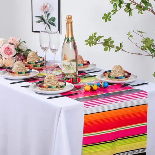 Miniatura 4 de Preboun 6 piezas de camino de mesa mexicano de plástico Dia De Los Muertos Serape Camino de mesa 14 x 108 Fiesta mexicana colorido a rayas para Rosa