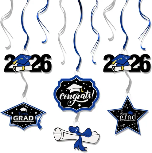 LINGTEER Congrats Grad, Class of 2026 Swirls Streamers – 12 piezas para la escuela/hogar 2026 decoración de graduación espirales de graduación – Azul