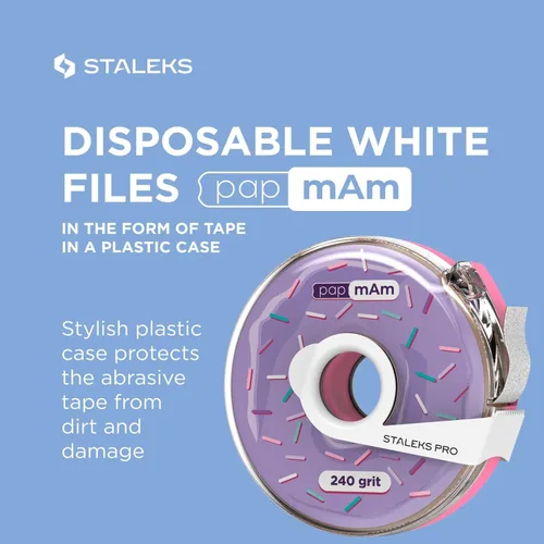 Miniatura 3 de Staleks Pro Cinta abrasiva blanca desechable papmAm Expert - Grano 240 - Rollo de 23.0 ft en estuche de plástico - Abrasivo reemplazable sin