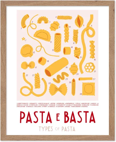 Monem Art - Póster de ilustración vintage, impresión de comida retro, tipos de pasta, amarillo, espaguetis, rotini, Penne, regalo para artista,