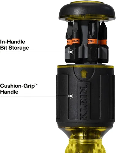 Miniatura 6 de Klein Tools 32308 Destornillador de Stubby Multi-bit, Herramienta magnética ajustable con 8 en 1 de impacto con Phillips, ranurado, cuadrado