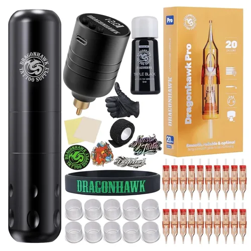 Miniatura 13 de Dragonhawk Pro Kit completo de bolígrafo de tatuaje, máquina ligera para tatuajes, 20 unidades, cartuchos, agujas, fuentes de alimentación para Kit