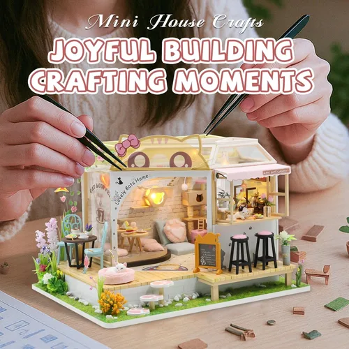 Miniatura 4 de Kit de casa de muñecas en miniatura Kisoy con muebles, modelo de casa hecho a mano DIY para adolescentes, regalo para adultos (Café Gato Jardín)