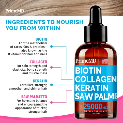 Miniatura 2 de PrimeMD Gotas de biotina líquida 4 en 1 con colágeno y queratina (3 unidades) – Paquete de 3 – 25000 mcg de vitaminas para el cabello y la piel