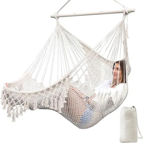 Miniatura 11 de Chihee - Silla de Hamaca Extra Grande, Sillas Colgantes Suavemente Tejidas con Cuerda de Algodón, Barra de Metal Plegable y Resistente, Asiento