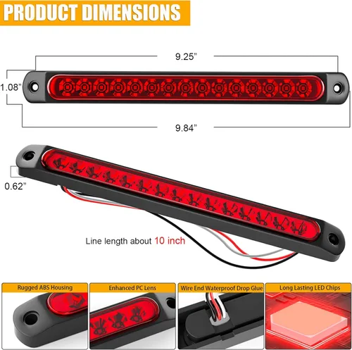 Miniatura 6 de PSEQT Barra de luz trasera de freno de remolque LED de 10 pulgadas, 15 LED, conjunto de luces traseras de parada y cambio, tira de separación ID