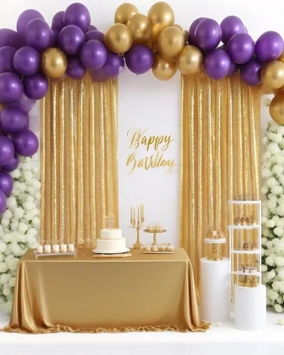 Miniatura 41 de Telón de fondo de lentejuelas moradas 2 paneles 2FTx8FT con purpurina telón de fondo cortinas para fiesta de Halloween fondo de fotos para bodas