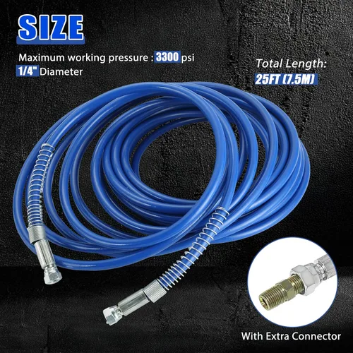 Miniatura 2 de MAOPINER Manguera pulverizadora de pintura sin aire de 1/4 de pulgada, 25 pies, azul, tubo de fibra flexible de alta presión de 3300 PSI, manguera