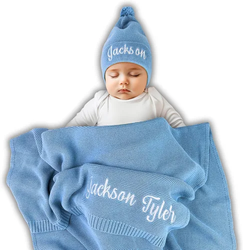 Manta de bebé personalizada, 100% certificado GOTS, manta de envolver personalizada con nombre, mantas de recepción para niños y niñas, regalos Azul