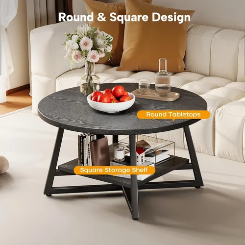 Miniatura 5 de Mesa de café para sala de estar, Mesa de café redonda, Mesa de café pequeña circular con almacenamiento, Mesa de centro redonda moderna de madera