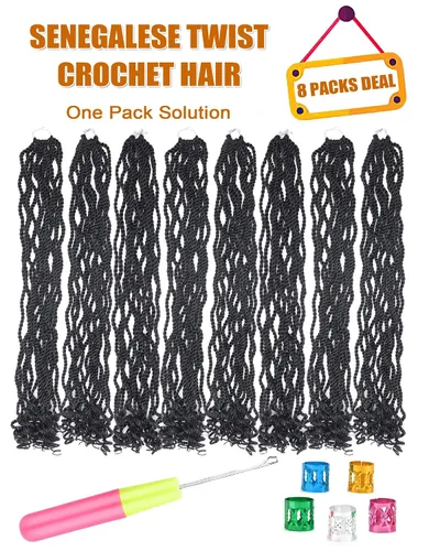 Miniatura 4 de Extensiones de cabello ondulado senegalés de trenza de ganchillo 24 pulgadas, 8 paquetes, trenzas de trenza de ganchillo senegalés pre-trenzadas, 1b