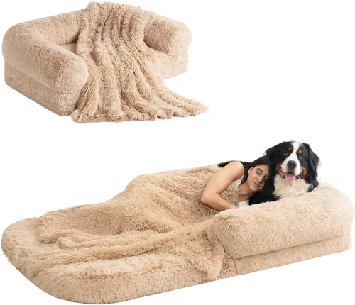 Miniatura 10 de EHEYCIGA Cama plegable XL para perros, 46 x 34 x 6.5 pulgadas, sofá cama mullida de piel sintética para perros grandes, cama ortopédica calmante