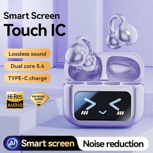 Miniatura 2 de Auriculares con clip de oreja abiertos, auriculares inalámbricos Bluetooth 5.4, auriculares deportivos con pantalla táctil LED inalámbrica, Púrpura
