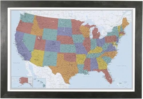 Miniatura 57 de Push Pin Travel Maps Lienzo personalizado Blue Oceans USA con marco gris de madera de granero