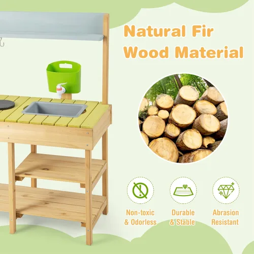 Miniatura 6 de HONEY JOY Cocina de barro, cocina de madera de abeto para niños, mesa de barro, agua corriente, fregadero extraíble, juego de cocina para niños al