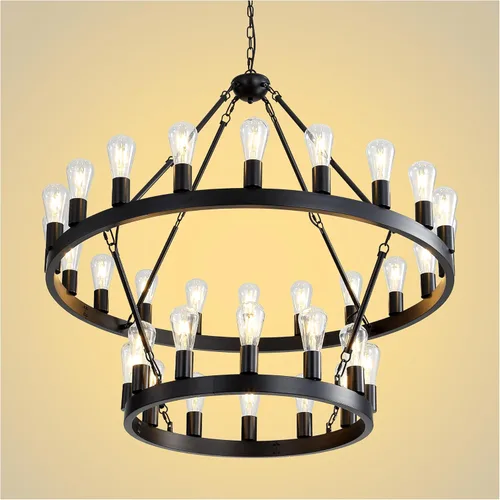 Miniatura 10 de Candelabro de dos niveles en negro, rueda de vagón grande, 54 luces, lámpara colgante de granja redonda de 152 cm, iluminación rústica para comedor