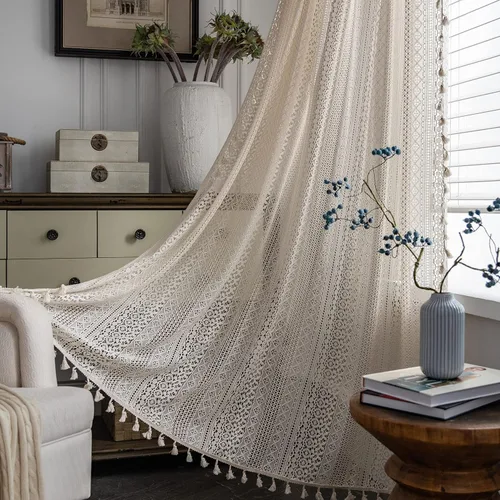Sutuo Home Cortinas bohemias de encaje de croché traslúcido, de punto calado con borlas, jareta, para habitación, sala, patio, entrada, color beige,