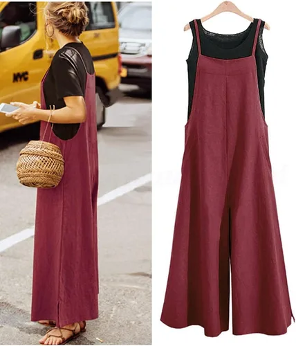 Miniatura 3 de YESNO PZZTYP2 Enterizo holgado de estilo informal, largo, overol con pantalones de pierna ancha, conjunto de una pieza de algodón, con bolsillos