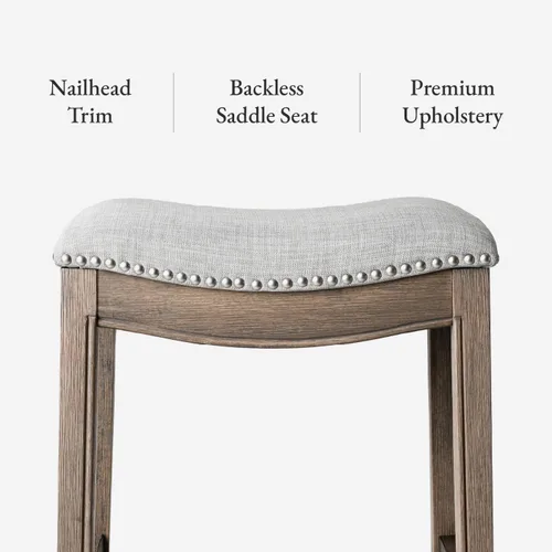 Miniatura 4 de Maven Lane Adrien Taburete de bar sin espalda, asiento de silla de montar de 31 pulgadas con reposapiés, marco de madera maciza gris y tapicería
