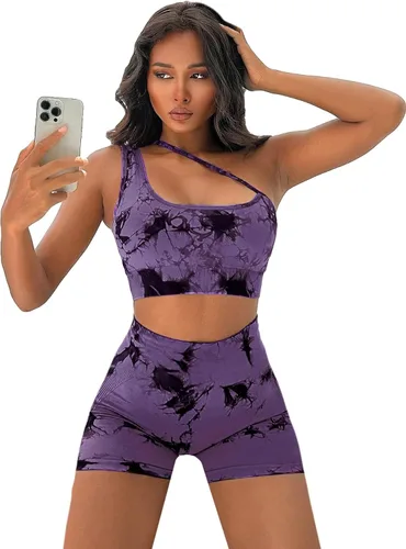 SOLY HUX Conjunto de entrenamiento para mujer, 2 piezas, sin costuras, con un hombro, brasier deportivo, pantalones cortos de cintura alta,