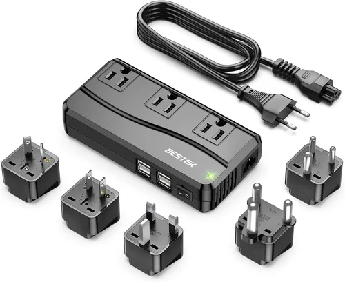 BESTEK Convertidor de corriente de 250 W de 3 salidas y 4 puertos USB Transformador de voltaje de viaje 220V a 110V con adaptadores de enchufe de