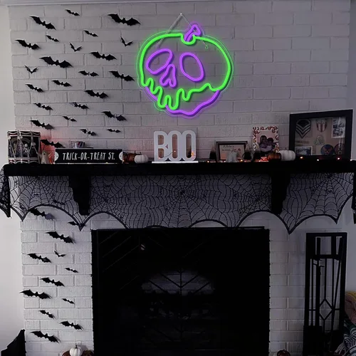 Miniatura 2 de WLHOPE Letrero de neón de Halloween regulable con calavera, manzana, para decoración de pared, luces LED de Halloween, conectividad USB, luces LED