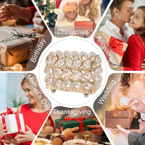 Miniatura 7 de ELLDOO Joyero de cristal, caja organizadora de aretes, anillos, decoración del hogar, caja decorativa con tapa, regalo dorado para San Valentín