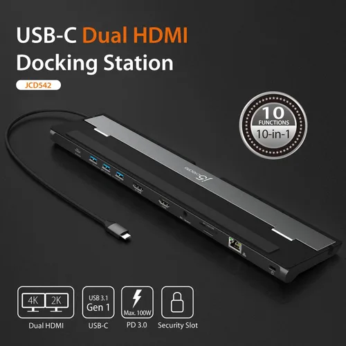 Miniatura 6 de j5create Estación de acoplamiento HDMI dual USB-C (10 en 1), pantalla HDMI dual 4K + 1080p, USB-A x3 de 5 Gbps, lector de tarjetas SD, PD 100 W