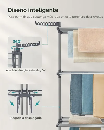 Miniatura 6 de SONGMICS Tendedero para Ropa de 4 Niveles, Tendedero Plegable para Secado de Ropa de 173 cm de Altura, Acero, Carrito para Secar Ropa, Fácil de Gris
