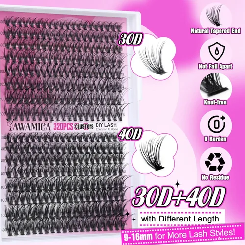 Miniatura 4 de Yawamica Kit de extensión de pestañas para bricolaje, 320 unidades de racimo de pestañas individuales, 0.354-0.630 in, mezcla de pestañas 30D 40D