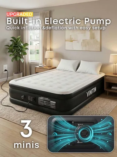 Miniatura 10 de Colchón de aire Queen con bomba incorporada, cama inflable elevada de 16 pulgadas para hogar e invitados, colchón inflable autoinflable con parte
